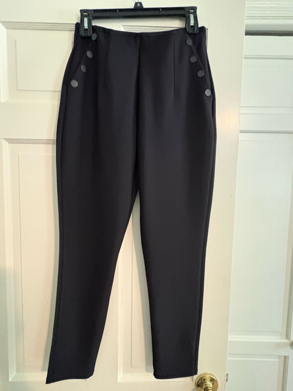 Black High-Rise Skinny Pants with Decorative Button Detail
